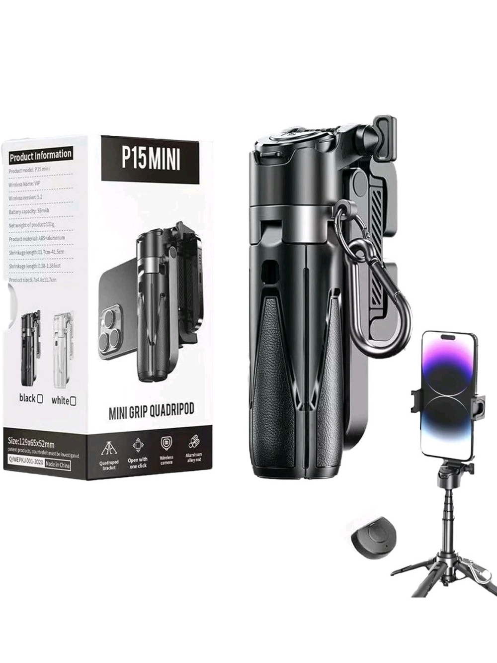 P15 Mini Black Mini Grip Quadripod Phone Mount -